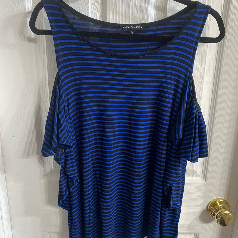 Cable & Gauge Blue and Black Striped Cold-Shoulder Tank